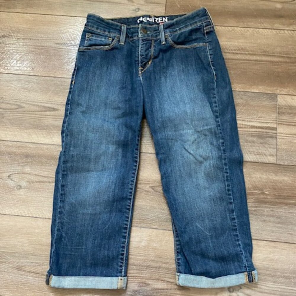 DENIZEN by Levis Cuff STRETCH Crop CAPRI JEANS Med-Dark Wash Embroidered pkts~ 1